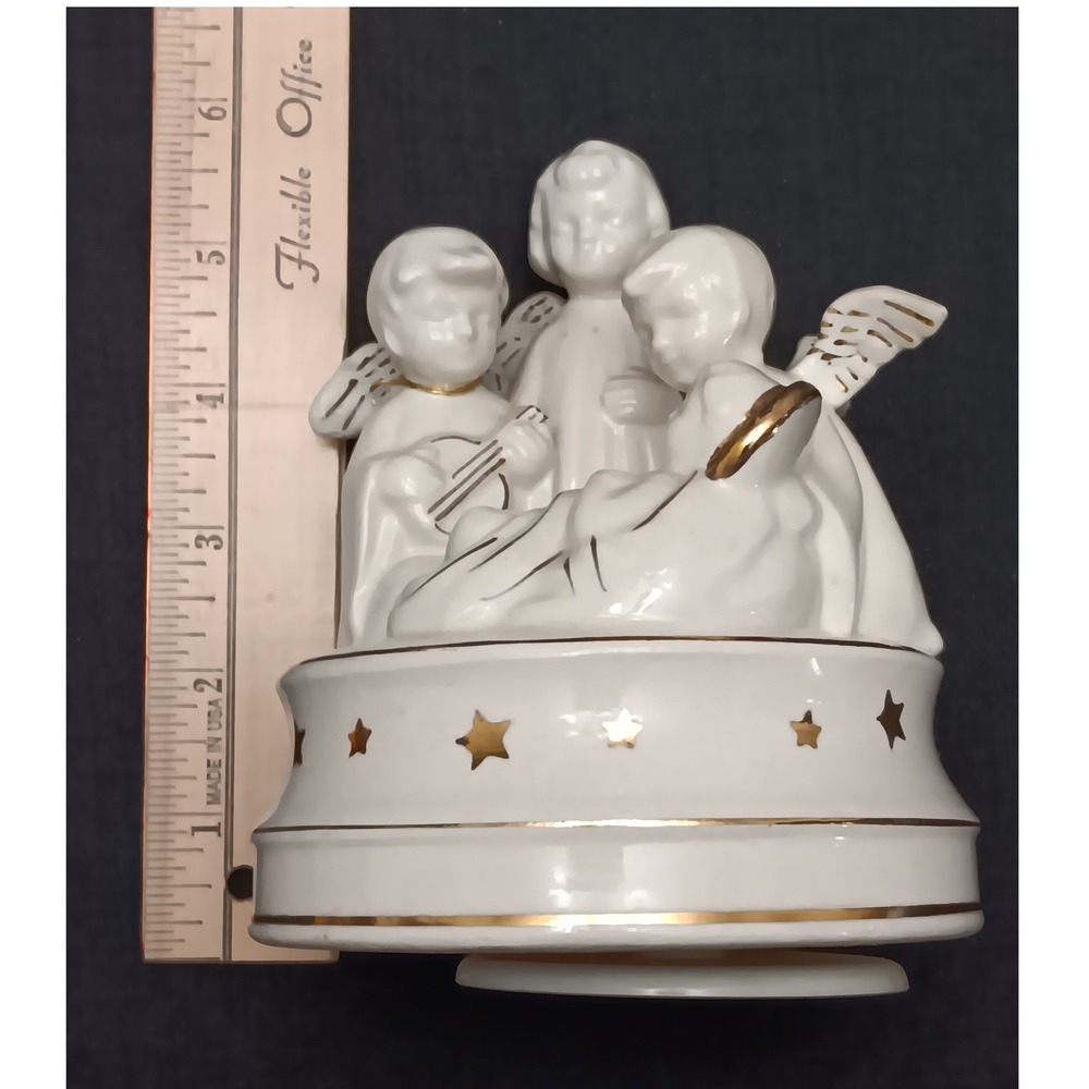 Vintage Schmid‎ Japan Musical Rotating Angels Nativity Figurine White Gold Trim